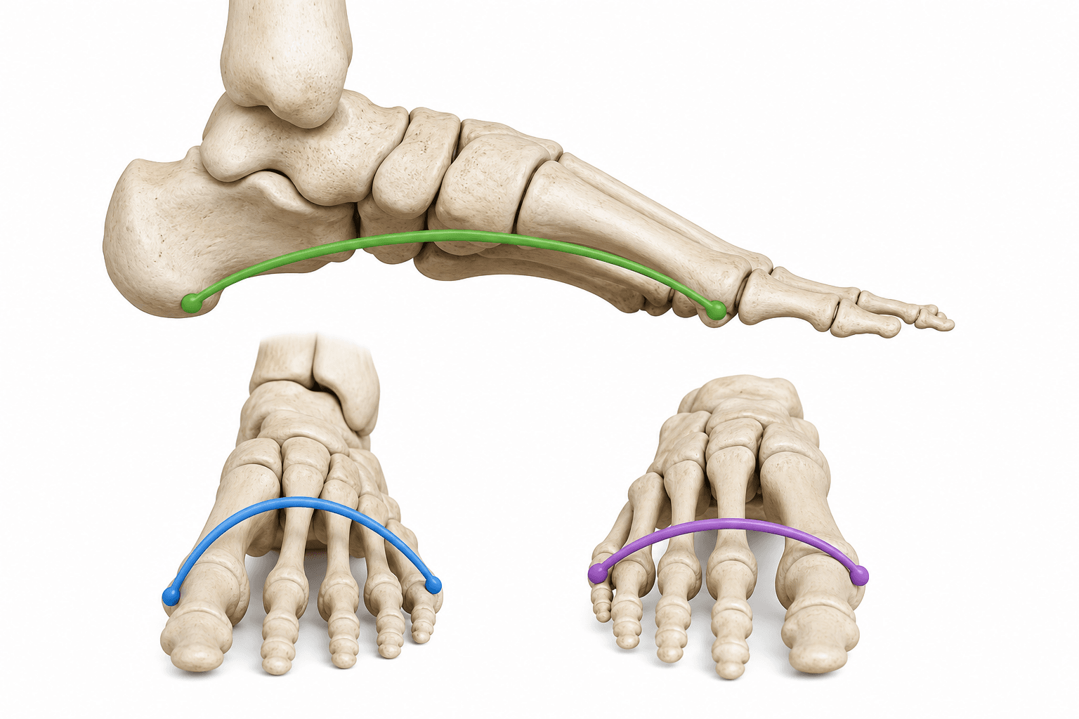 Arcurile plantare ale piciorului — longitudinal medial, longitudinal lateral, transversal