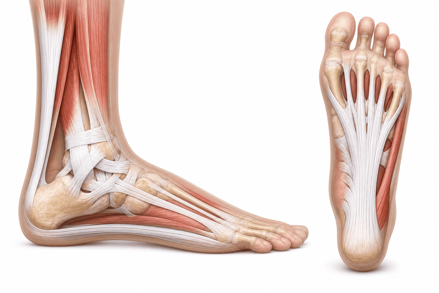 Ligamente și tendoane cheie ale piciorului — fascia plantară, tendon Ahile, ligamente gleznă