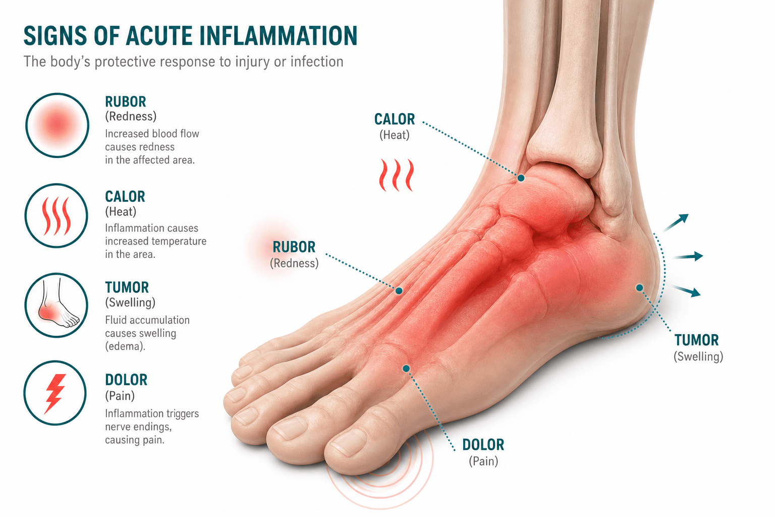 Simptomele inflamației acute — roșeață, căldură, umflătură și durere localizată
